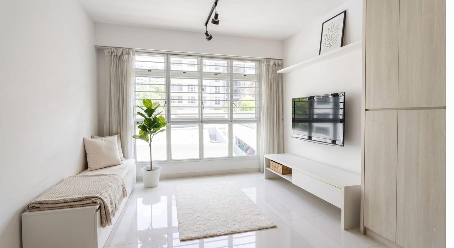 HDB living room after PropEdit restyled visualisation — bright minimalist styling